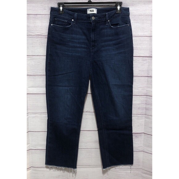 PAIGE CINDY JEANS Stretch Dark Wash Cropped Straight Leg  Raw Hem Size 33 EUC - Picture 1 of 6